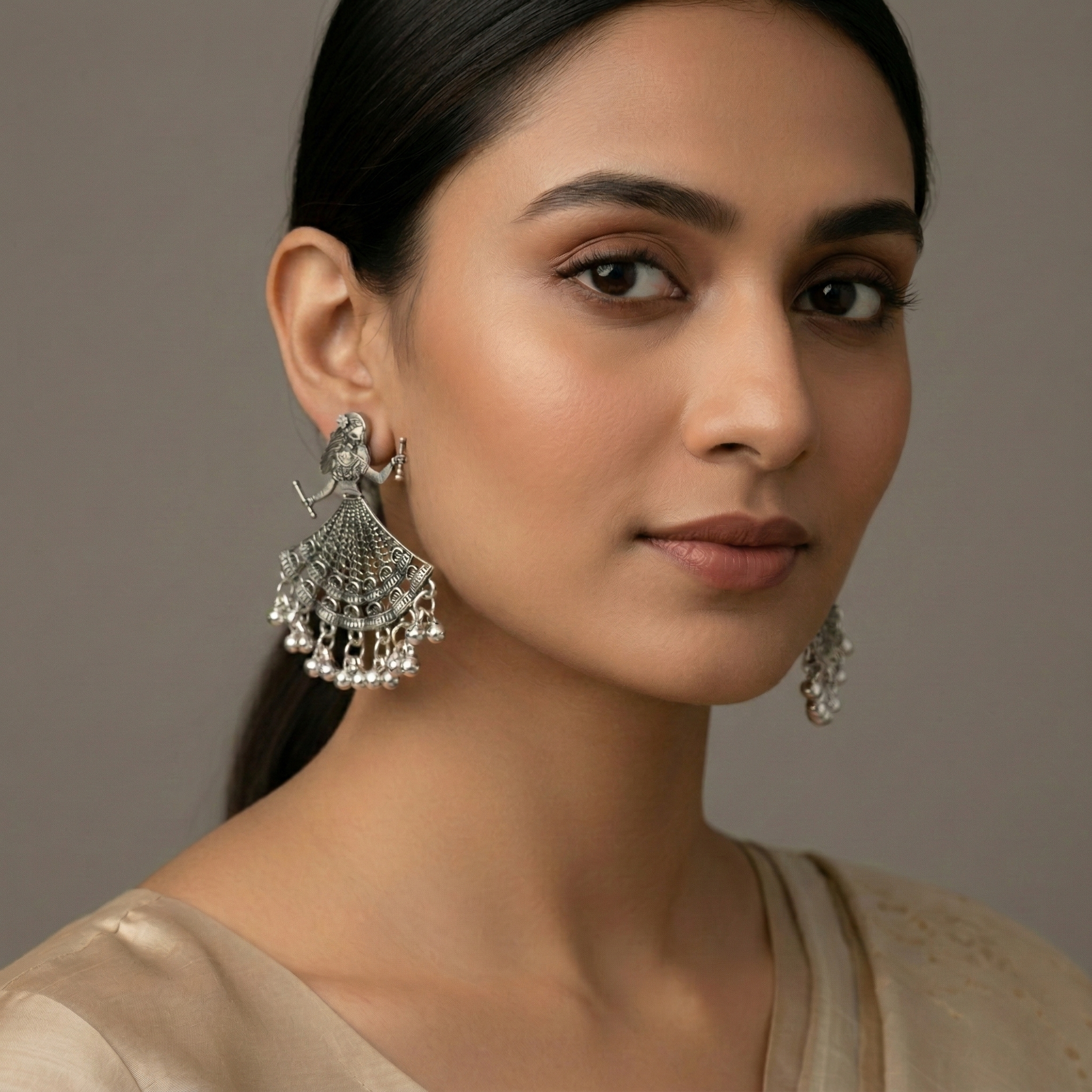 Classic oxidised Silver Jhumka Earings With Round Stud