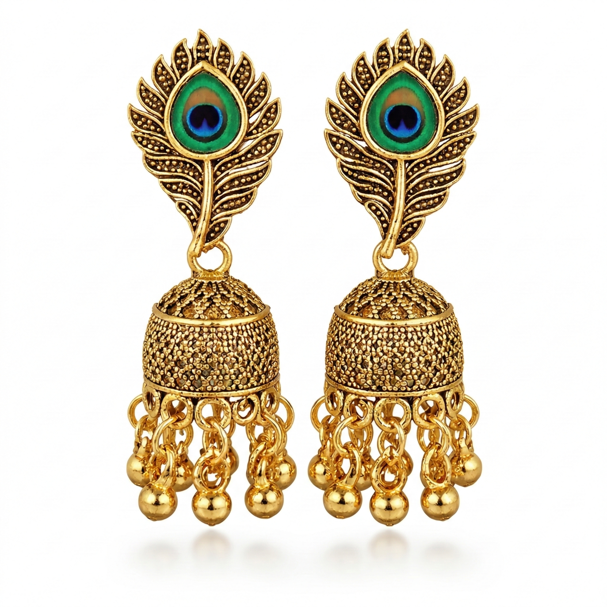 TRADITIONAL OXIDISED PEACOCK FEATHER JHUMKA EARINGS IN