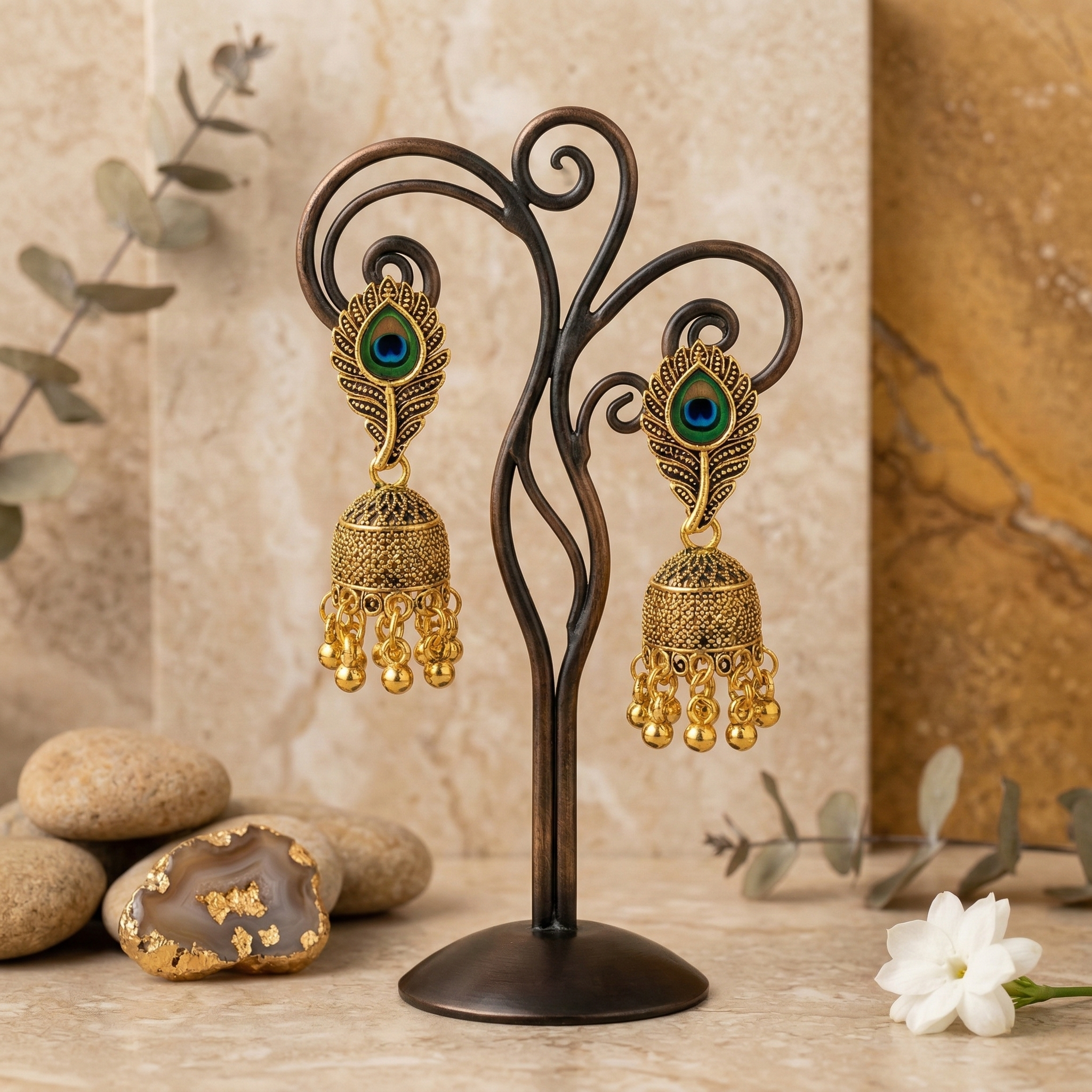 TRADITIONAL OXIDISED PEACOCK FEATHER JHUMKA EARINGS IN