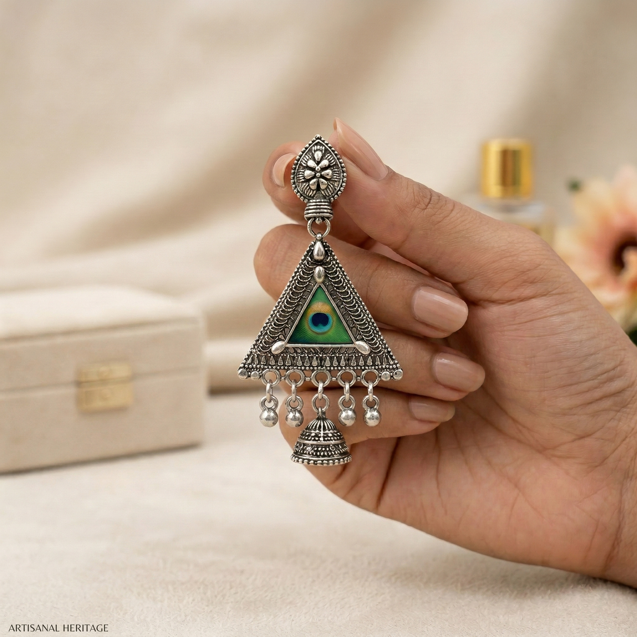 BEAUTIFUL ELEGANT TRADITIONAL SILVER OXIDISED PEACOCK JHUMKA