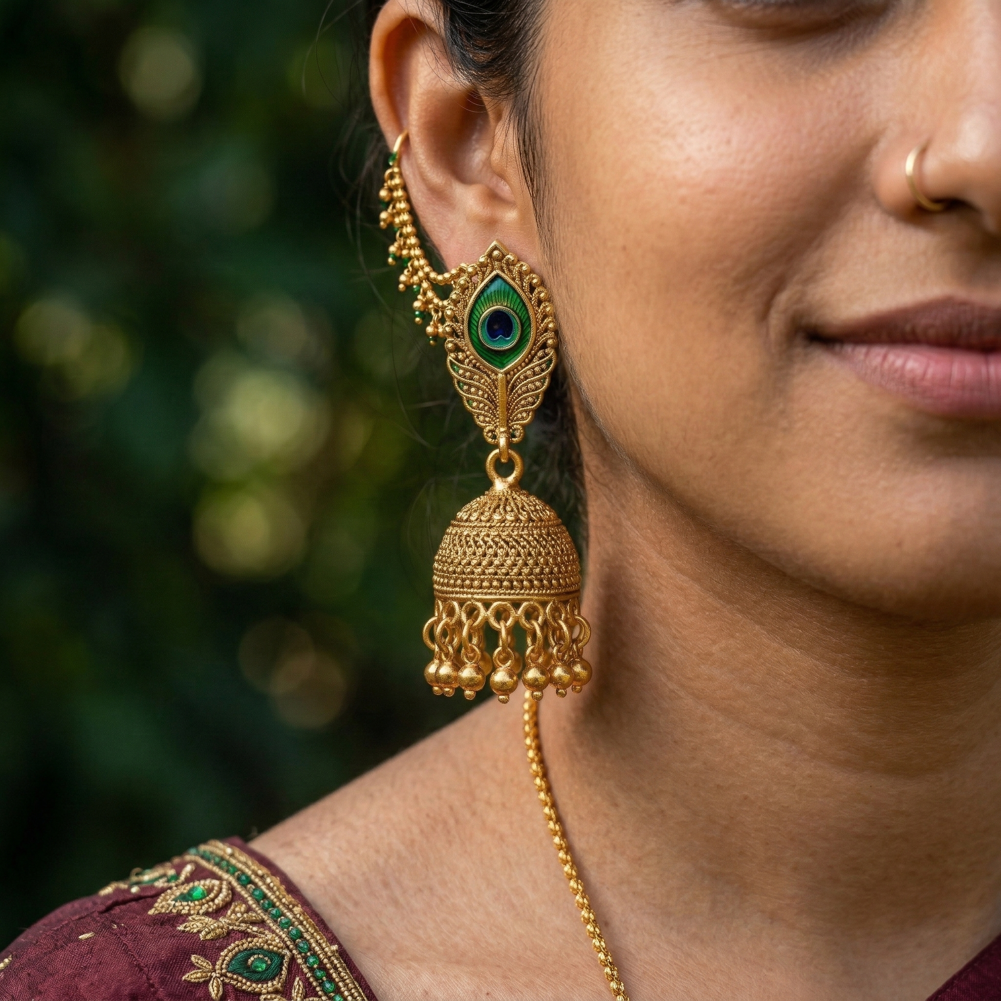 TRADITIONAL OXIDISED PEACOCK FEATHER JHUMKA EARINGS IN
