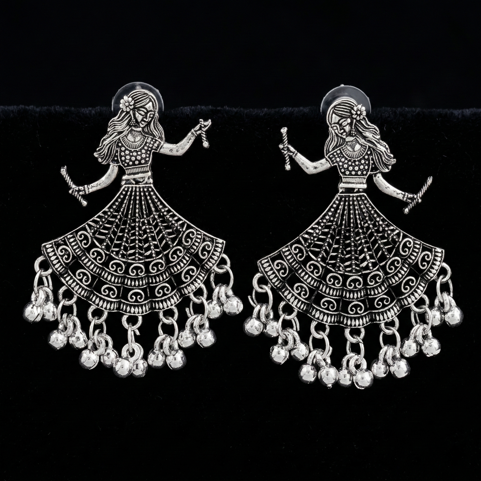 Classic oxidised Silver Jhumka Earings With Round Stud