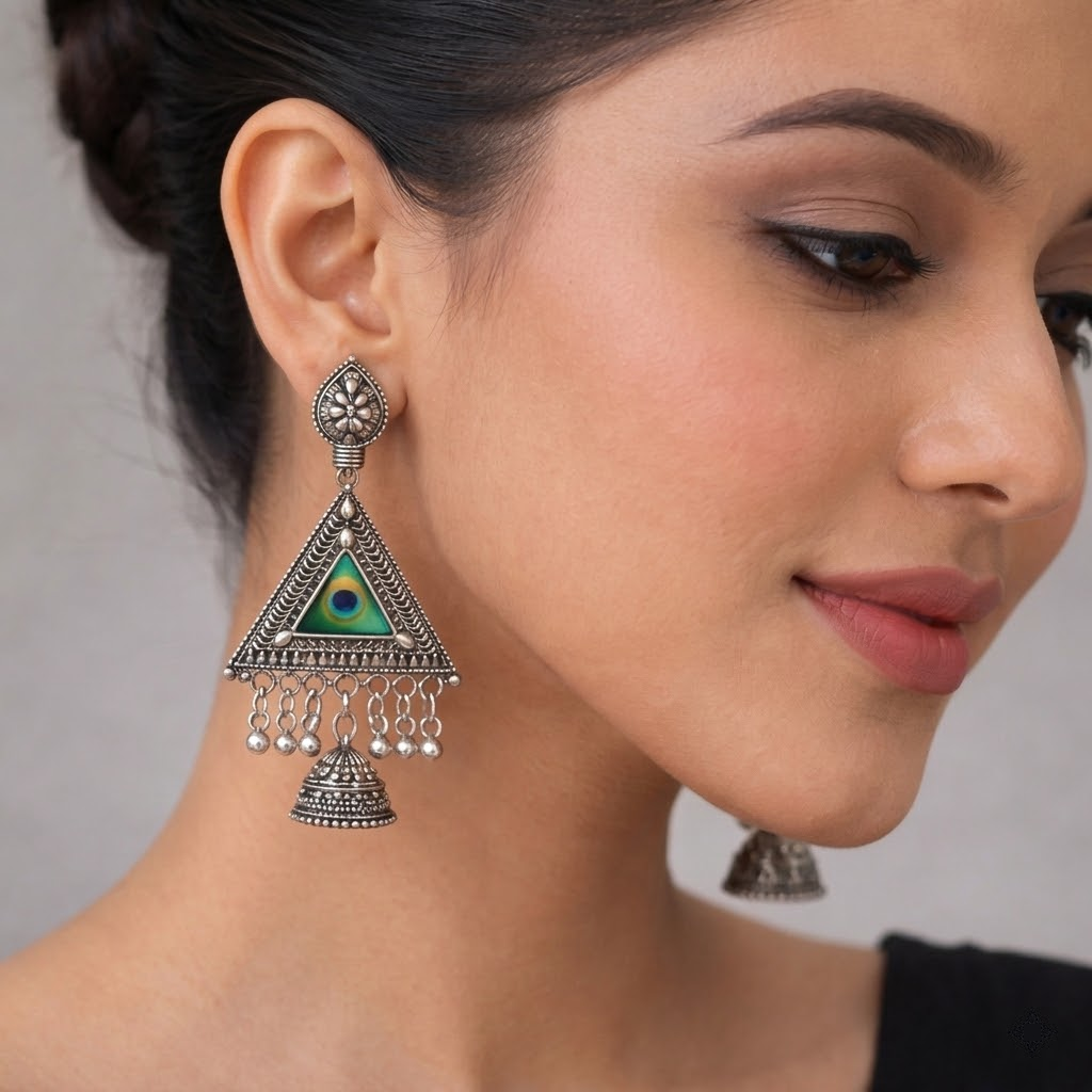BEAUTIFUL ELEGANT TRADITIONAL SILVER OXIDISED PEACOCK JHUMKA