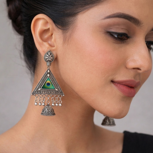 BEAUTIFUL ELEGANT TRADITIONAL SILVER OXIDISED PEACOCK JHUMKA